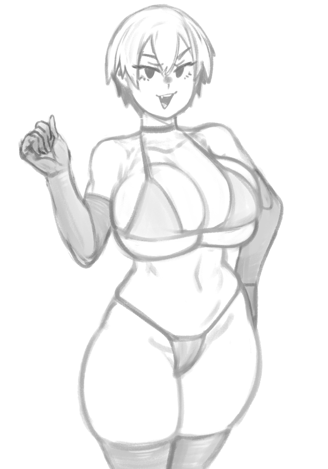 big breasts, bikini, black and white, bra, breasts, breasts bigger than head, canine, female, female focus, female only, gloves, hourglass figure, huge breasts, kelvin hiu, large breasts, necklace, open mouth, panties, pantyhose, short hair, simple background, sketch, smile, solo, solo female, solo focus, thick thighs, thighs, tongue, top, underwear, uzaki hana, uzaki-chan wa asobitai!, voluptuous, young, younger female