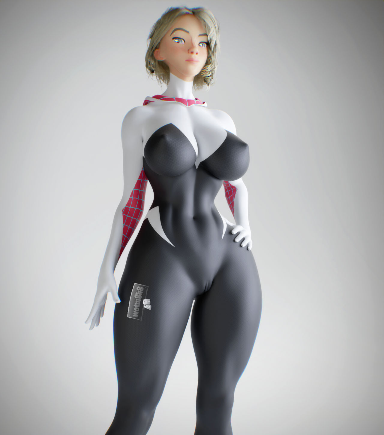 1girls, 3d, 3d (artwork), abs, belly button, big breasts, breasts, cameltoe, eyebrow piercing, female, female only, gwen stacy, marvel, marvel comics, navel, nipple bulge, pussy, pussy bulge, spider-gwen, spider-man (series), spider-man: into the spider-verse, thick thighs, tight clothes, tight clothing, wide hips, wotm8h8