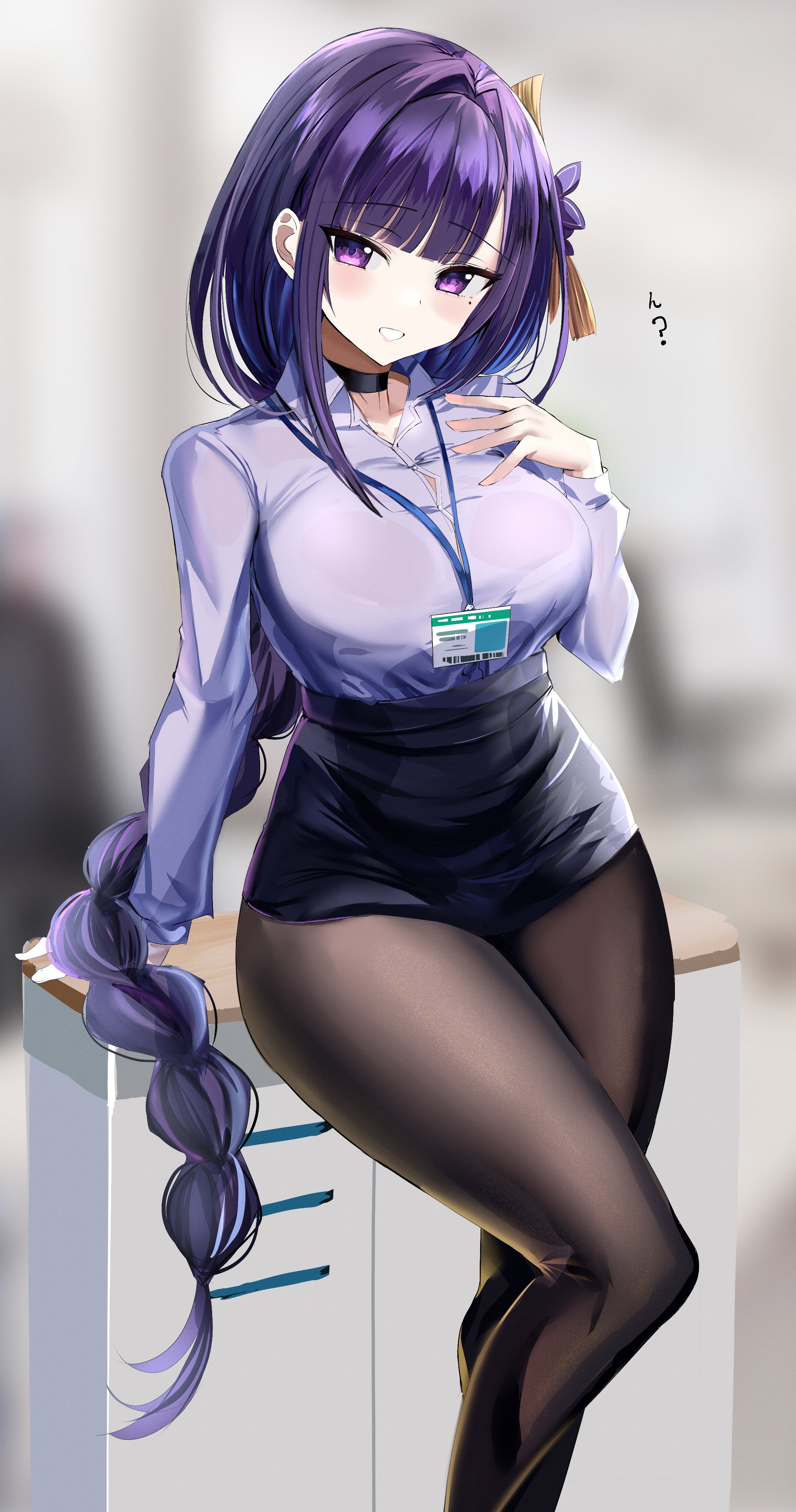 1girls, 2021, beauty mark, blurry background, blush, braided hair, breasts, business woman, choker, clothed female, female, female only, genshin impact, hair ornament, hanasaka houcha, highres, huge breasts, indoors, long hair, long legs, looking at viewer, mole under eye, name tag, office, office lady, pantyhose, purple eyes, purple hair, purple shirt, raiden shogun, sheer legwear, shirt, short skirt, skirt, smile, thick thighs, thighs, very long hair