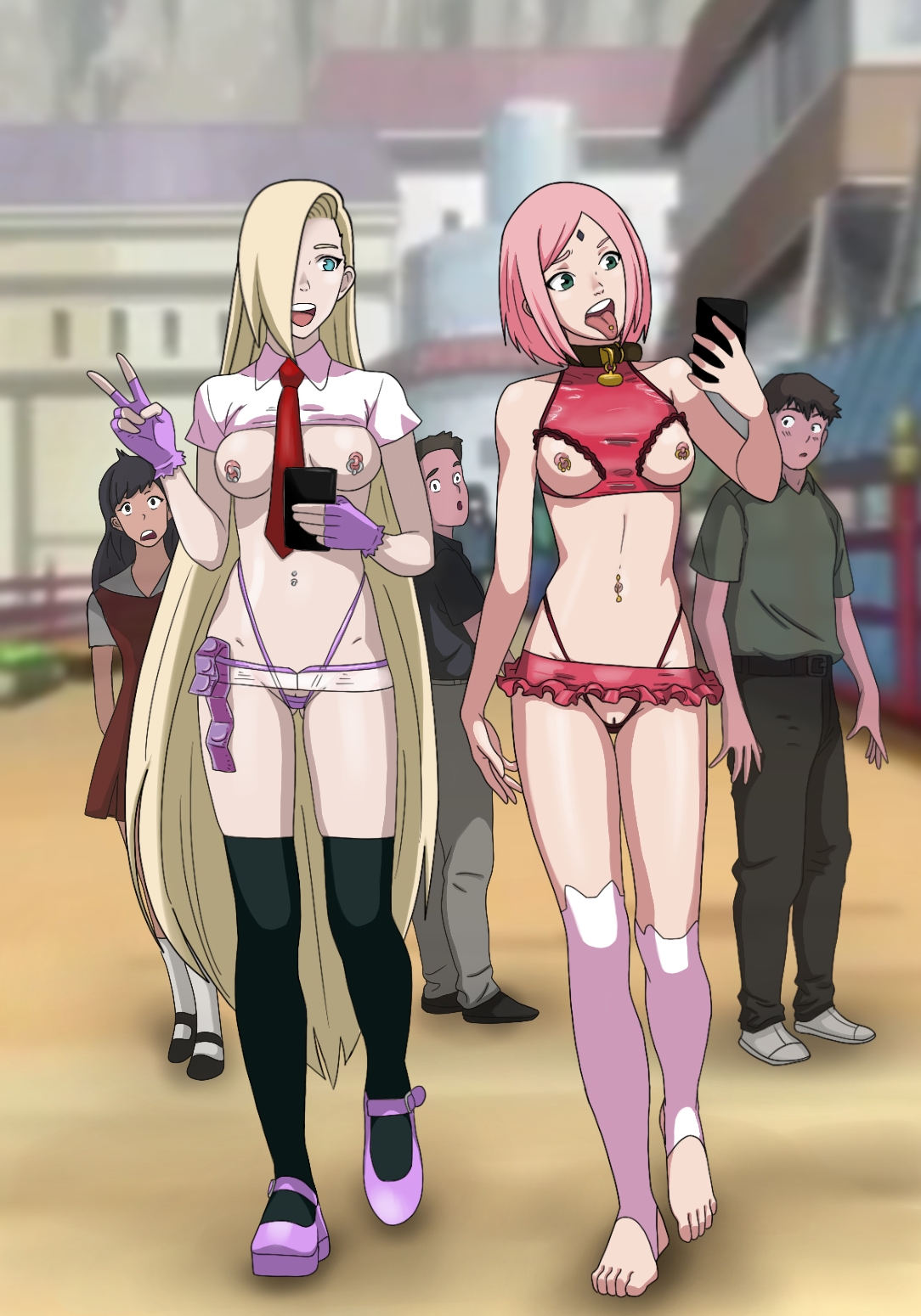 2boys, 3girls, barefoot, being watched, condom, condom wrapper, crop top, cutout, dinaki, exhibitionism, female, fingerless gloves, gloves, hair over one eye, haruno sakura, innie pussy, ino yamanaka, long hair, looking at object, male, midriff, multiple boys, multiple females, multiple girls, multiple males, naruto, naruto (series), naruto shippuden, naruto: the last, navel piercing, necktie, nipple cutout, nipple piercing, nippleless clothes, nipples, open mouth, open smile, outdoors, peace sign, piercing, pussy, revealing clothes, sakura haruno, sakura uchiha, selfie, shirt, shoes, sleeveless, sleeveless shirt, sling bikini, stirrup legwear, street, surprised, tekuho, thighhighs, toeless legwear, tongue, tongue out, tongue piercing, uchiha sakura, v, very long hair, walking, yamanaka ino