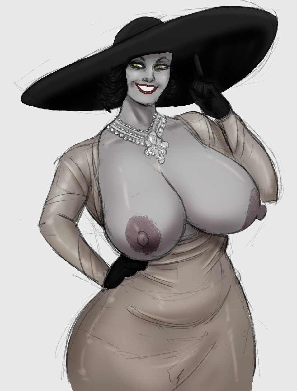 alcina dimitrescu, areolae, big breasts, black hair, breasts, breasts out, busty, capcom, dress, dress pull, female, female focus, female only, guillion (toshkarts), hourglass figure, light skin, light-skinned female, lipstick, long hair, milf, nipples, pale skin, pale-skinned female, pose, posing, resident evil, resident evil 8: village, solo, tagme, vampire, white background, wide hips