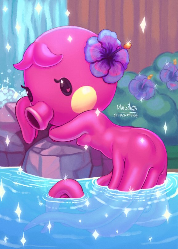 <3_eyes 2020 animal_crossing anthro bent_over breasts cephalopod coleoid detailed_background female female_focus female_only flower full-length_portrait heart looking_at_viewer magnta marina_(animal_crossing) marine mollusk nintendo nipples non-mammal_breasts nude octopodiform octopus outside partially_submerged pinup plant portrait pose rock side_view signature solo sparkles tentacle video_games water waterfall