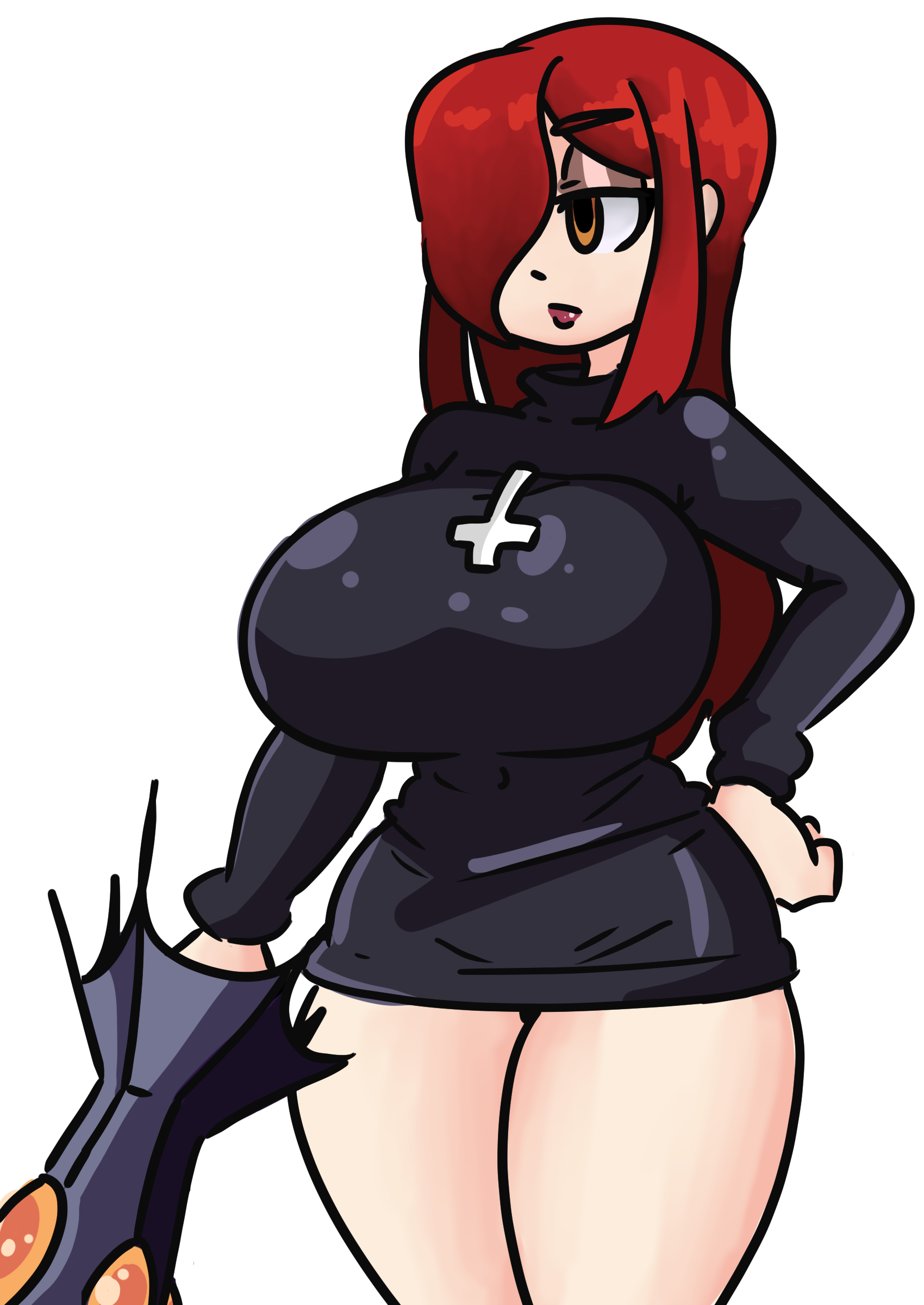 1girls, black dress, breasts, brown eyes, bursting breasts, dress, female, huge breasts, inakotho, krieg (skullgirls), microdress, minidress, parasoul, red hair, red lipstick, skullgirls, thick thighs, umbrella