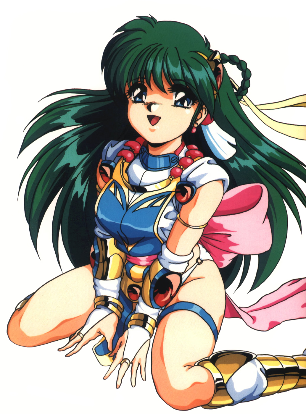 90s artist_request back_bow blue_eyes bow braid bridal_gauntlets can_can_bunny green_hair high_resolution long_hair medium_breasts non-web_source official_art open_mouth pink_bow sitting smile smiling_at_viewer solo solo_female swatty_(can_can_bunny) white_background