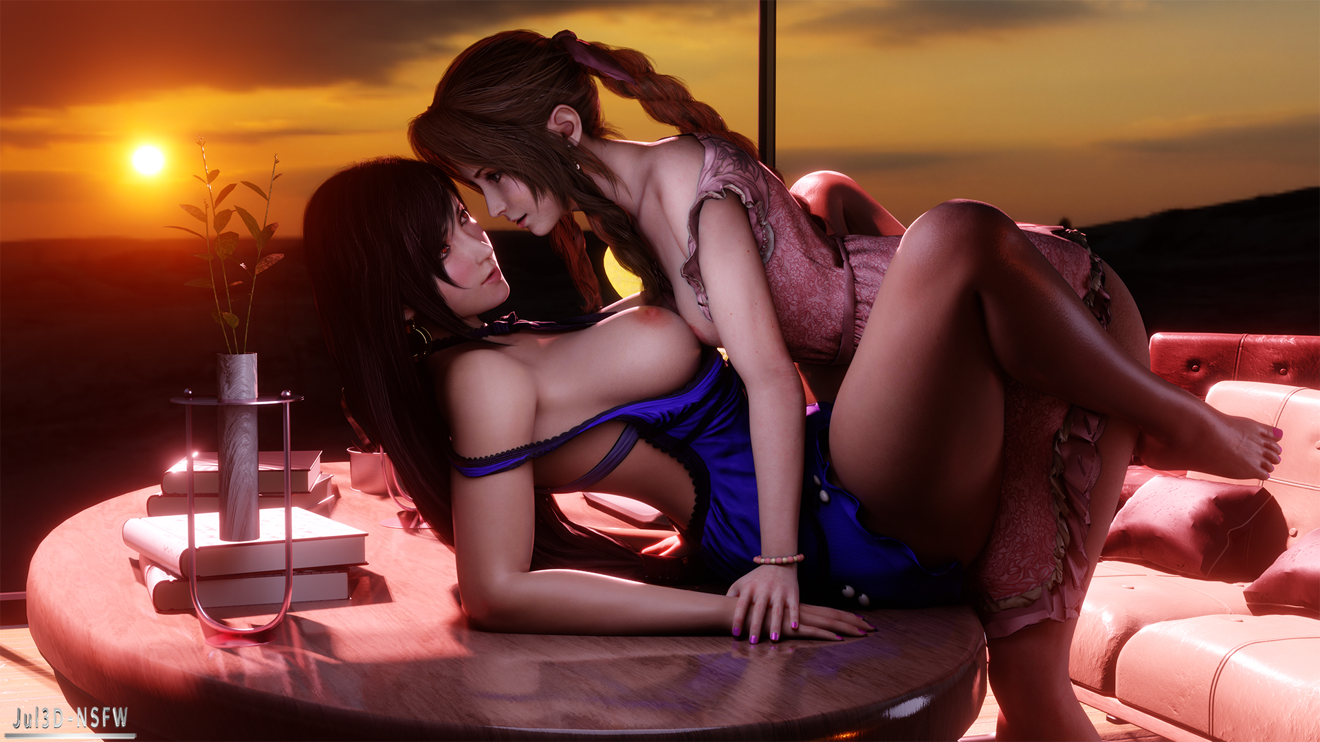 2girls, 3d, 3d (artwork), aerith gainsborough, ass, between legs, blender, blue dress, blue eyes, bracelet, breasts, breasts out, breasts to breasts, brown hair, clothed sex, cocktail dress, curvy, dominant female, dress, dress down, earrings, eye contact, female, female on top, female only, female/female, final fantasy, final fantasy vii, final fantasy vii remake, foreplay, hand on hand, imminent kiss, in love, jul3dnsfw, large breasts, lesbian, lipstick, looking at partner, lustful gaze, makeup, naked, nipples, no bra, nude, on table, partially clothed, passionate, pink dress, pink toenails, pussy, red eyes, ribbon, romantic, romantic ambiance, romantic couple, seductive, seductive look, square enix, submissive female, sundown, thick thighs, thighs together, tifa lockhart, tifa lockhart (refined dress), tifa lockhart's refined dress, video games, yuri