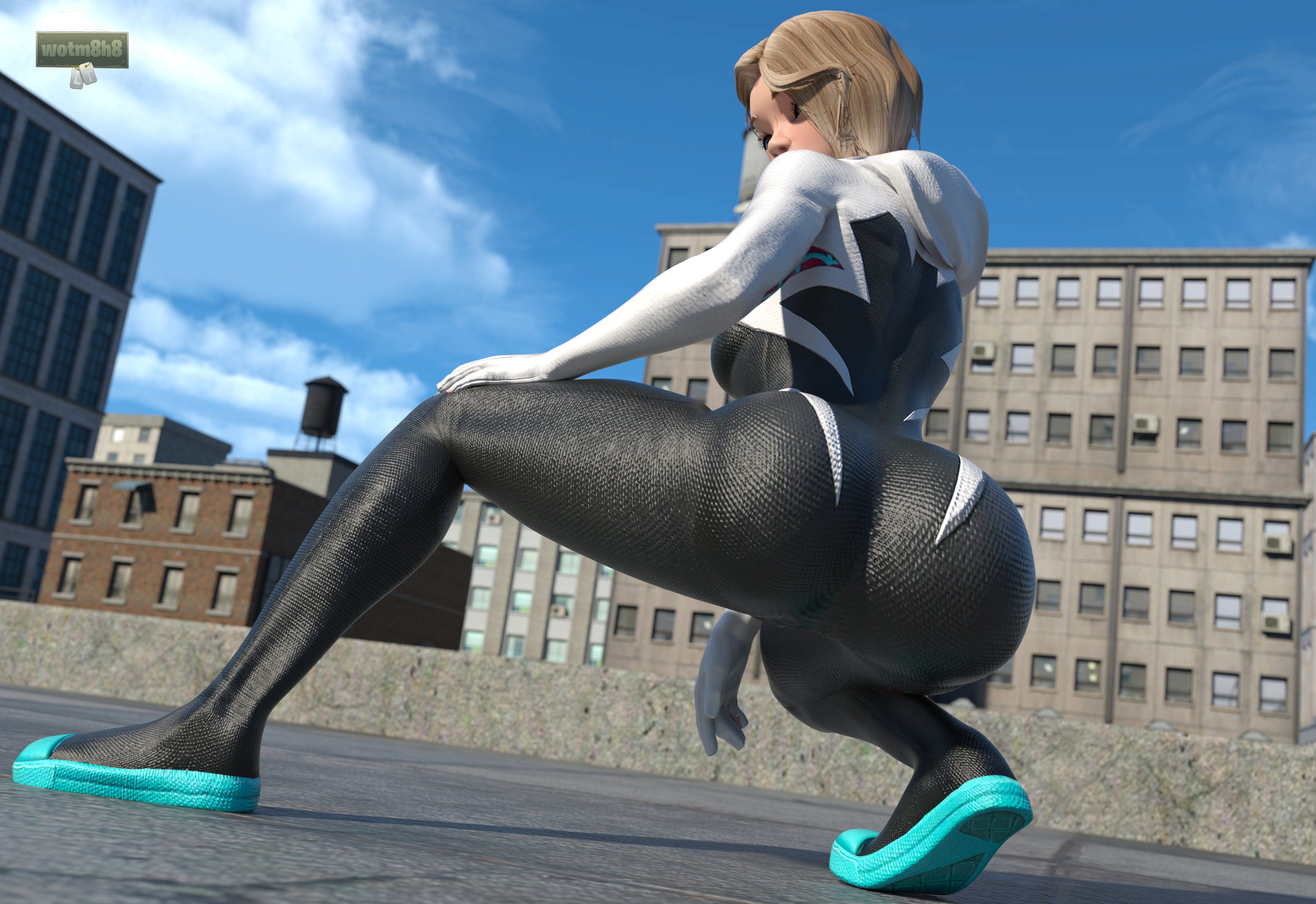 1girls, 3d, 3d (artwork), ass, asymmetrical hair, big ass, breasts, female, female only, gwen stacy, marvel, marvel comics, shaved side, sideboob, spider-gwen, spider-man (series), squatting, wotm8h8