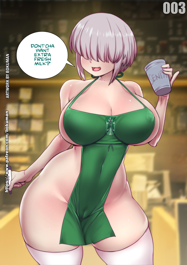 1girls 2021 apron apron_only barista bokuman breasts cameltoe coffee coffee_cup dialogue english_text female female_focus female_only functionally_nude functionally_nude_female green_apron grey_hair hair_over_eyes hips holding_object huge_breasts iced_latte_with_breast_milk meme naked_apron open_mouth pussy_outline short_hair slim_waist smile starbucks text thick_thighs thighhighs thighs uzaki-chan_wa_asobitai! uzaki_yanagi wide_hips