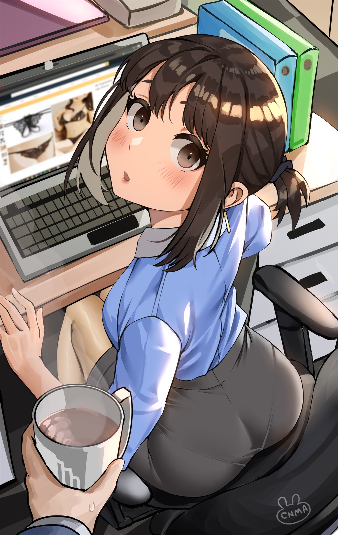 1girls big_ass blush brown_eyes brown_hair coffee douki-chan_(yomu_(sgt_epper)) enmanuelart20 ganbare_douki-chan laptop leaning_forward lingerie looking_at_viewer office office_lady pov sitting small_breasts