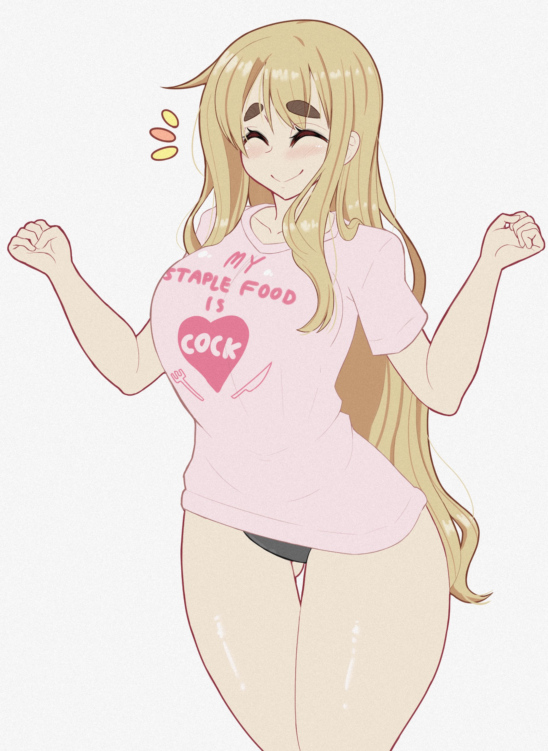 1girls, absurdres, ass visible through thighs, bangs, black panties, blonde hair, breasts, closed eyes, collarbone, curvy, duke wintermaul, eyebrows visible through hair, female, female only, hair between eyes, highres, k-on!, large breasts, long hair, meme attire, panties, pink shirt, plain background, shiny, shiny hair, shiny skin, shirt, short sleeves, simple background, smile, solo, t-shirt, thick eyebrows, thick thighs, thighs, tsumugi kotobuki (k-on!), underwear, very long hair, w arms, white background, young savage