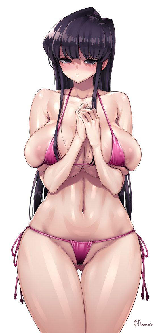 1girls 2021 areola_slip areolae artist_signature bare_legs barely_clothed barely_contained bikini black_eyes black_hair blush breasts embarrassed female female_focus female_only hips huge_breasts komi-san_wa_komyushou_desu komi_shouko large_areolae long_hair looking_at_viewer micro_bikini nipples onomeshin partially_visible_vulva pink_bikini shy side-tie_bikini simple_background slim_waist thick_thighs thighs too_small_bikini white_background wide_hips