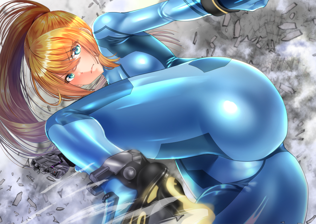 1girls, ass, ass focus, big ass, big butt, blonde hair, blue eyes, bodysuit, eye contact, female, karinaga raizan, long hair, looking at viewer, metroid, nintendo, ponytail, samus aran, shiny clothes, solo, thick thighs, thighs, tight clothing, zero suit, zero suit samus