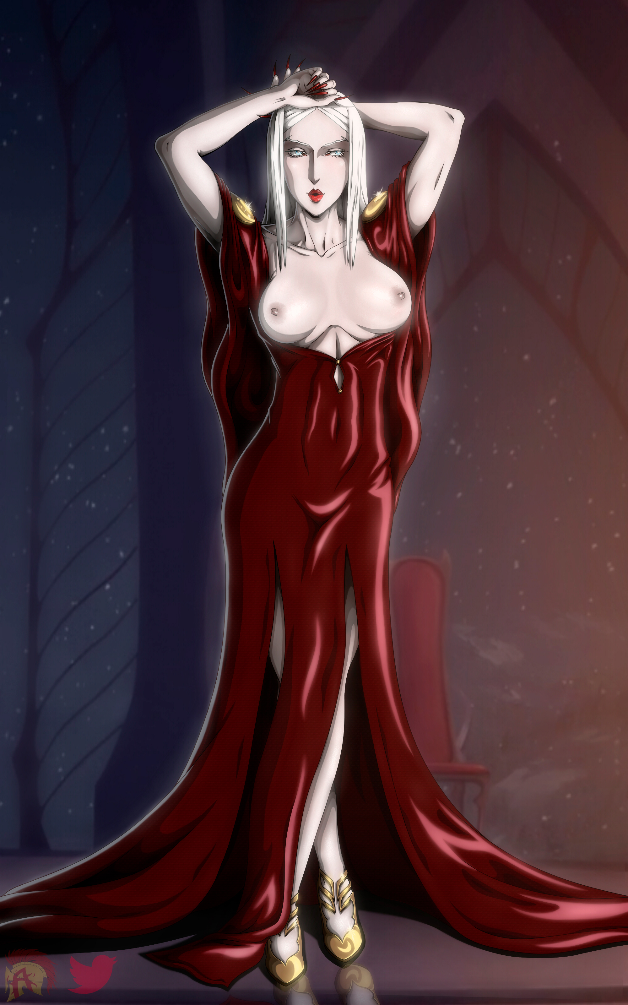 1girls, blue eyes, breasts, breasts out, carmilla (castlevania), castlevania, castlevania (netflix), clothed, clothing, espart, exibitionism, female, female only, happy, lips, medium breasts, pose, solo, white body, white hair