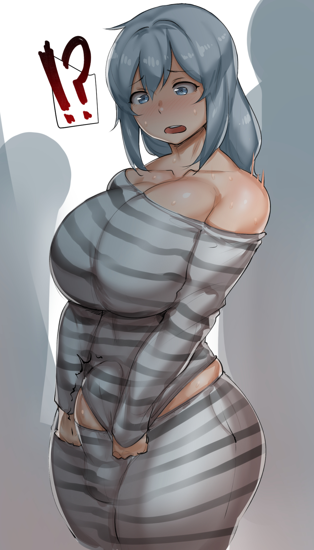 1futa, ass, balls, balls under clothes, big ass, big breasts, blue eyes, breasts, breasts bigger than head, bulge, clothed, clothing, curvy, erect penis, erection, erection under clothes, farah (natedecock), futa only, futanari, hiding erection, hourglass figure, huge ass, huge breasts, human, intersex, light skin, light-skinned futa, mostly clothed, natedecock, pale skin, penis, penis under clothes, shirt pull, solo, solo futa, standing, striped clothing, testicles, thick, thick thighs, wide hips