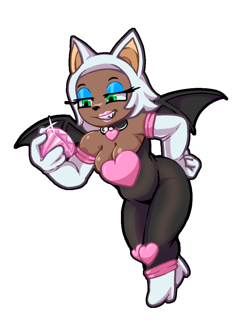 2d anthro bat bat_girl dark-skinned_female dark_skin furry furry_female green_eyes mobian mobian_(species) mobian_bat nenei rouge_the_bat rouge_the_bat(nenei) sega sonic_(series) sonic_adventure_2 sonic_the_hedgehog_(series) white_hair wings