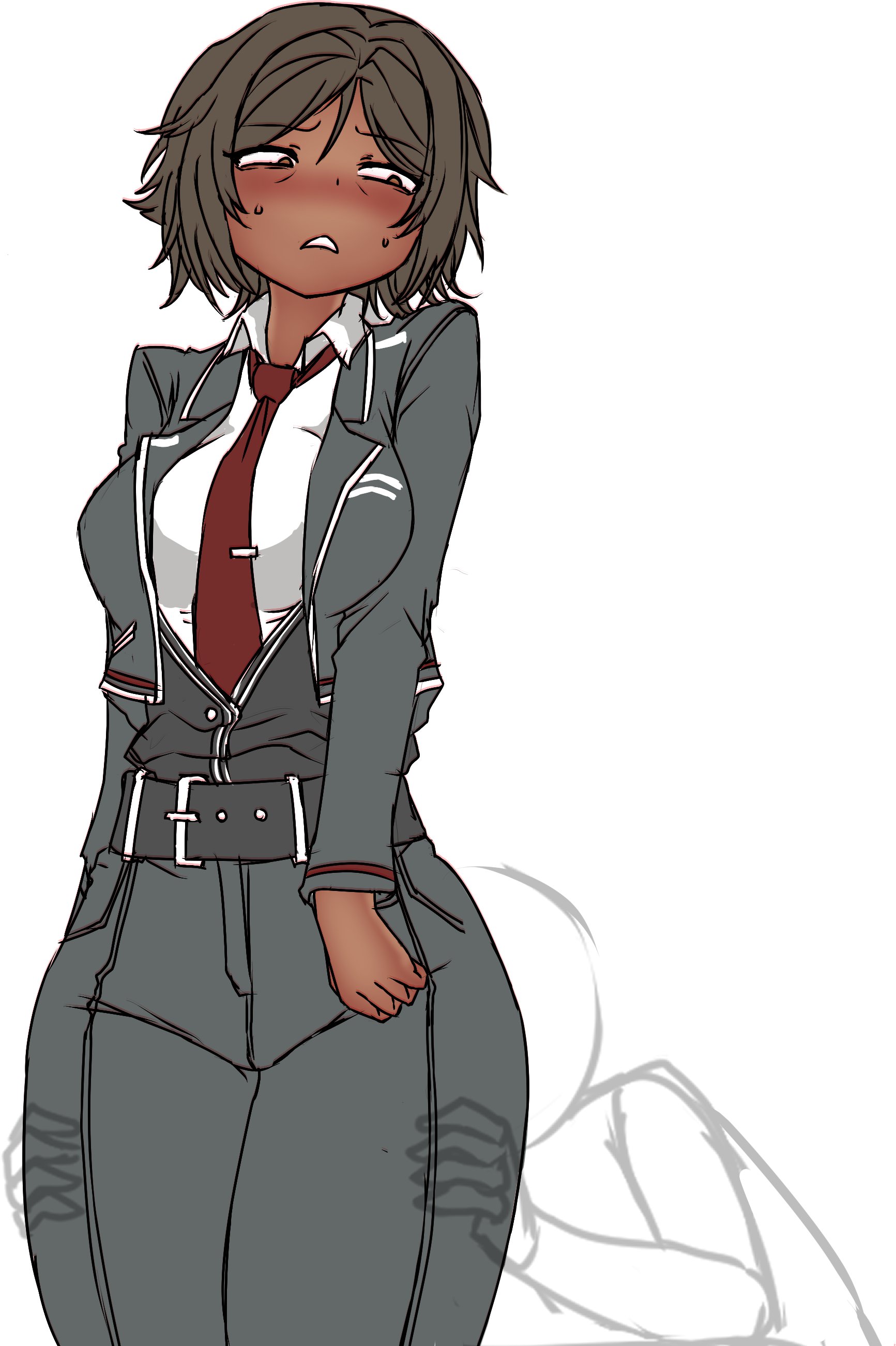 1girls, ambiguous gender, anon, anonymous male, big breasts, blush, breasts, brown hair, brown skin, deculture, duo, embarrassed, faceless male, female, grabbing, grabbing from behind, grabbing legs, limbus company, looking back, magicalgirlnoir, male, outis (limbus company), project moon, short hair, smell, smelling, suit, sweat, thick thighs, tie, white background, wide hips