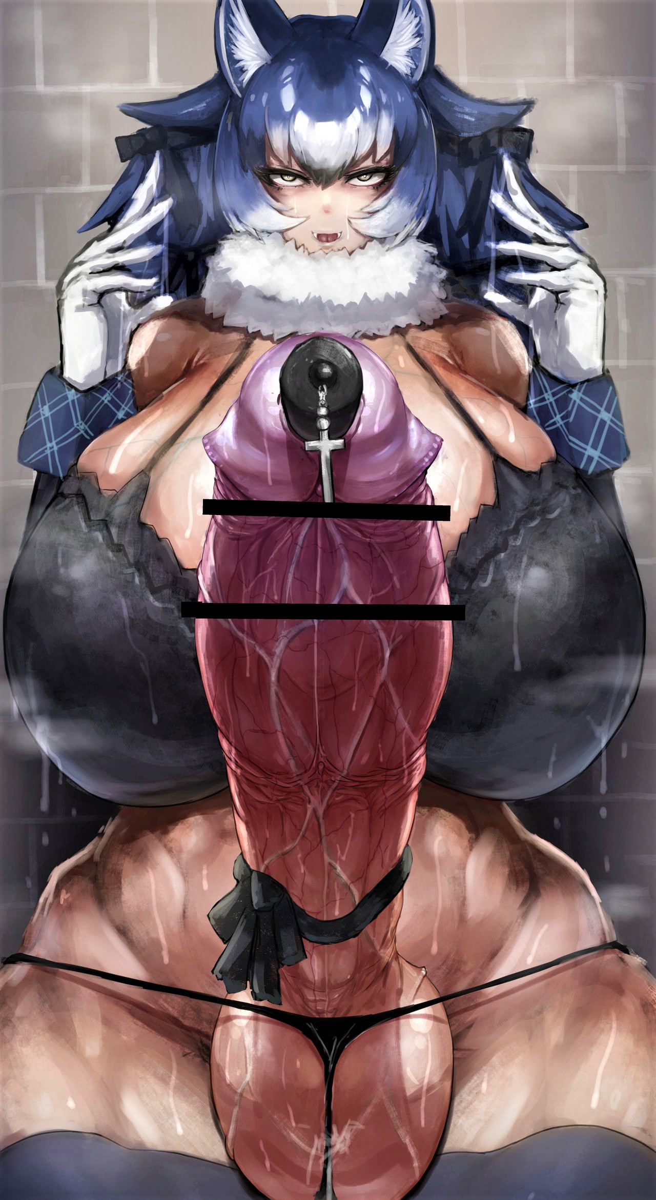 1futa, animal ears, balls, blue hair, breasts, canvassolaris, censored, cross, dickgirl, dire wolf, dire wolf (kemono friends), erection, focus on penis, futa only, futa urethral insertion, futanari, huge balls, huge breasts, huge cock, humanoid, humanoid penis, hyper penis, intersex, kemono friends, kemonomimi, leggings, light skin, light-skinned futa, looking at viewer, penile urethral insertion, penis, retracted foreskin, ribbon, solo, standing, thong, urethra, urethral insertion, urethral plug, veins, veiny penis