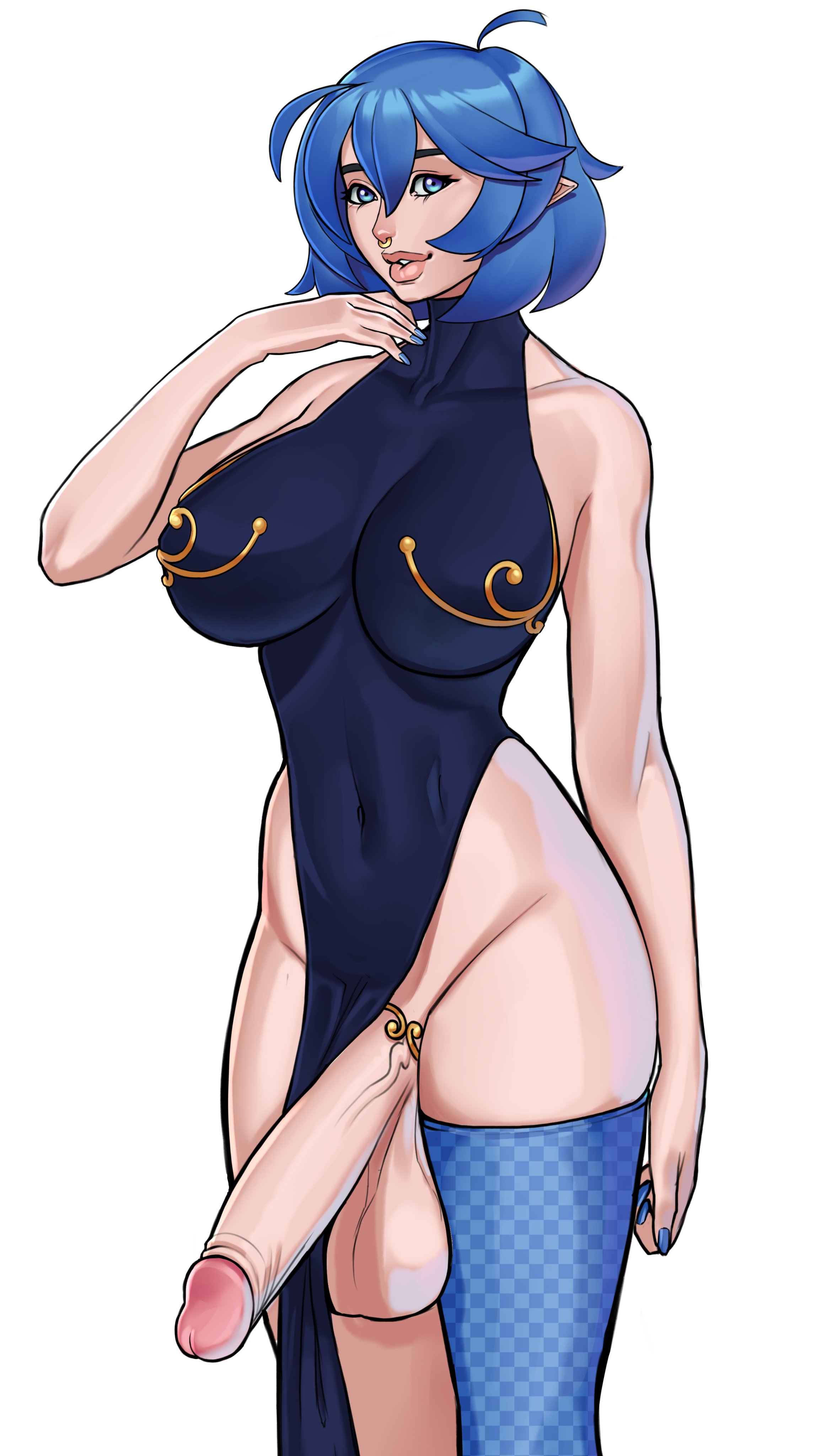 1futa, 2d, balls, big balls, big breasts, big penis, blue eyes, blue hair, breasts, curvy, dress, elf ears, futa only, futanari, huge cock, intersex, light skin, light-skinned futa, looking at viewer, otto cubze, pelvic curtain, penis, pointy ears, solo, solo futa, testicles, thick thighs, thighhighs, white background