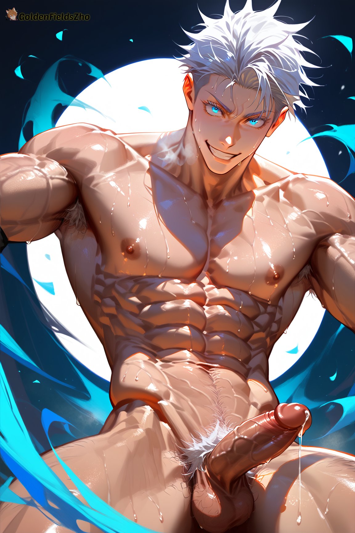 1boy abs ai_generated armpit_hair bara blue_eyes completely_nude erection goldenfieldszho jujutsu_kaisen large_pectorals looking_at_viewer male_focus male_pubic_hair muscular muscular_male navel nipples nude pectorals penis pubic_hair satoru_gojo short_hair smile solo sweat teeth testicles thick_thighs thighs uncensored veins white_hair