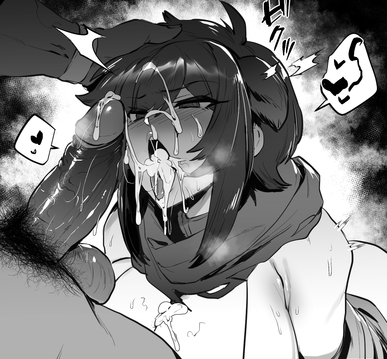 1boy, 1girls, after fellatio, after oral, big breasts, big penis, blush, breasts, cum, cum in mouth, cum on breasts, cum on upper body, faceless male, facial, female, getter robo, getter robo armageddon, head grab, male, monochrome, open mouth, penis, pubic hair, rule 63, ryoma nagare, short hair, stray pubic hair, tagme, thirty 8ght, veiny penis