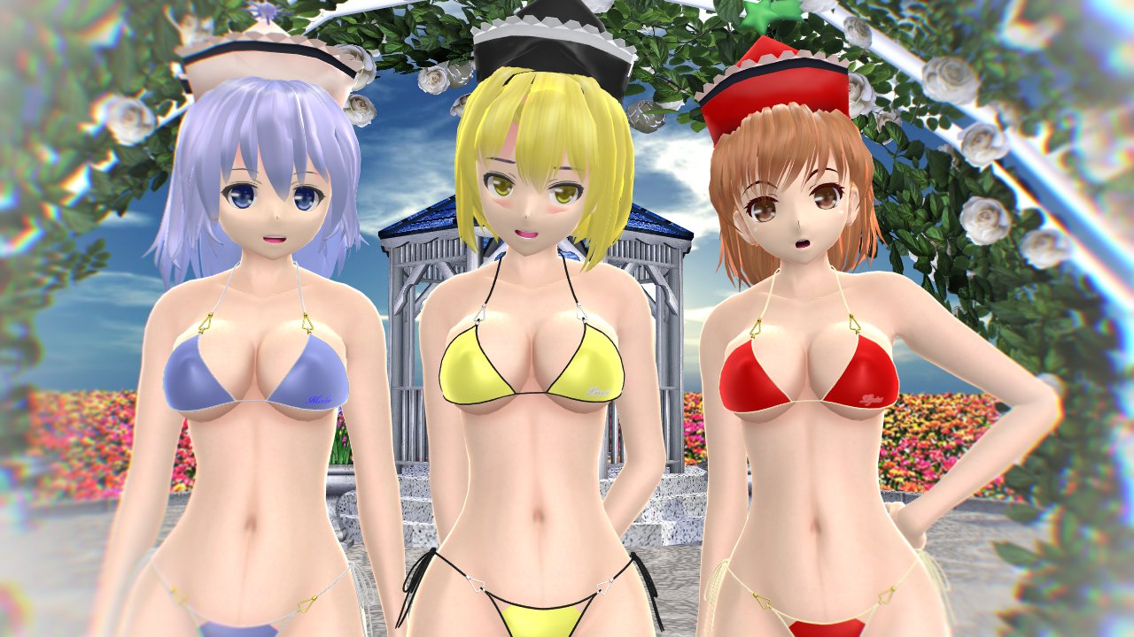 2024 3d 3girls bikini blonde_hair_female blue_eyes blur blush brown_eyes brown_hair_female clouds flower_field ghost_girl hati_yukkuri_mmd light-skinned_female light_blue_bikini light_blue_eyes light_blue_hair looking_at_viewer lunasa_prismriver lyrica_prismriver merlin_prismriver mmd outside perfect_cherry_blossom poltergeist red_bikini siblings sisters_(lore) sky swimsuit touhou trio_focus white_hair white_hat yellow_bikini yellow_eyes