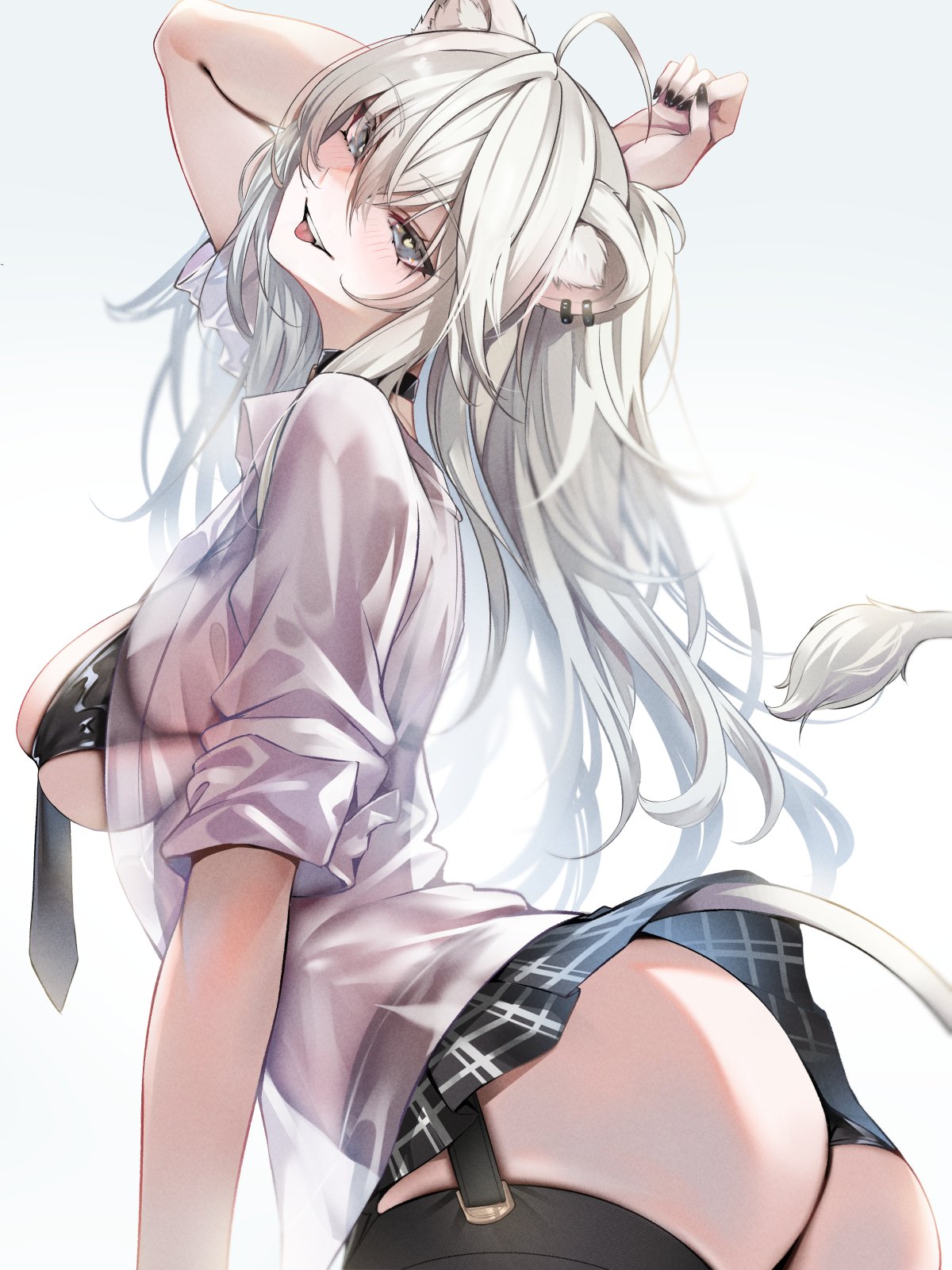 animal_ears ass black_bra black_nails bra breasts choker earrings female grey_eyes grey_hair hololive hololive_gen_5 hololive_japan jewelry large_breasts lion_ears lion_girl lion_tail long_hair miniskirt nail_polish necktie omotiu009 school_uniform see-through_clothing shishiro_botan simple_background skirt solo tail thighhighs underwear virtual_youtuber