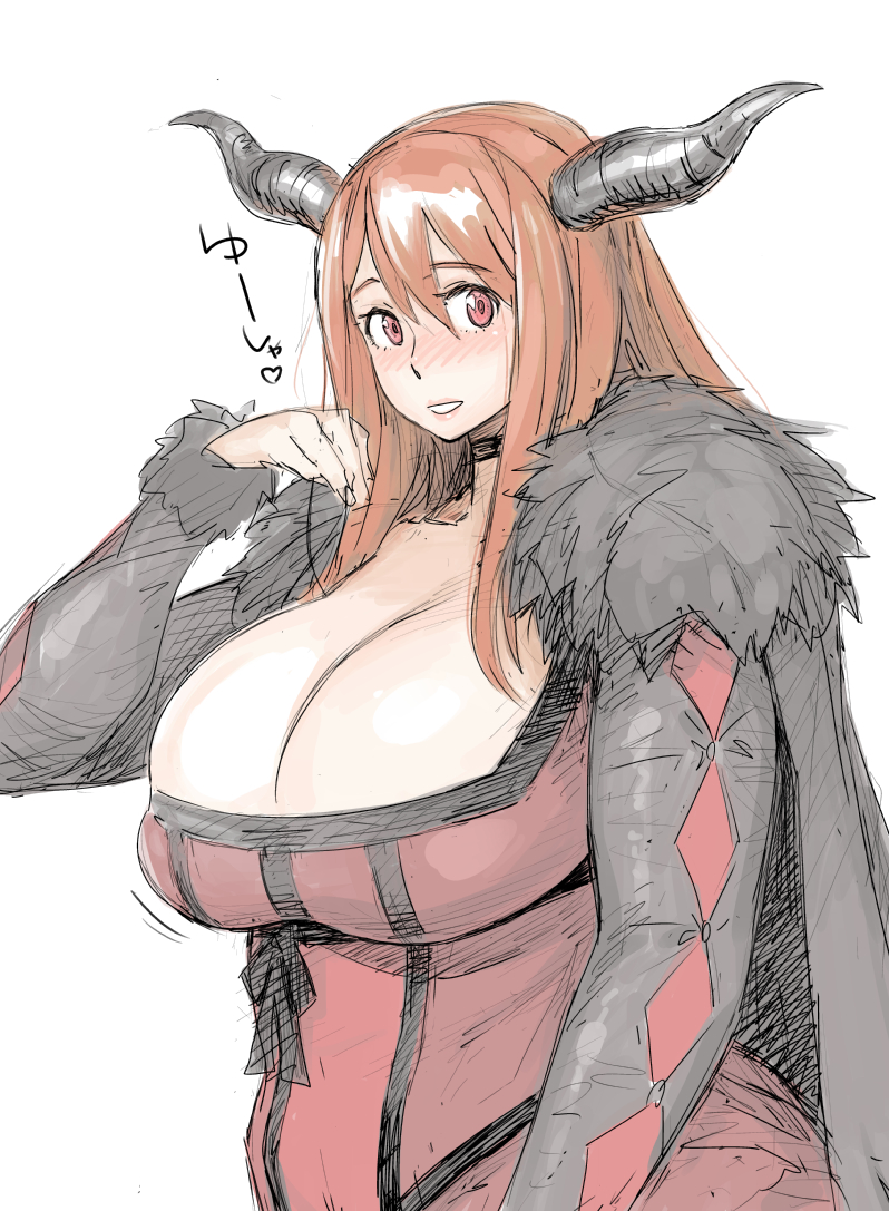 1girls ? archenemy_and_hero bangs black_cape black_choker black_fur black_horn black_horns blush bobobo breasts breasts_bigger_than_head brown_hair cape choker chubby cleavage commentary_request demon_girl demon_horns dress female female_only from_side fur fur-trimmed_dress fur-trimmed_sleeves fur_trim gigantic_breasts hair_between_eyes hand_up heart heart_(symbol) horn horns huge_breasts humanoid humanoid_only japanese_text lips long_bangs long_hair long_sleeves looking_at_viewer low_horns maou maoyuu_maou_yuusha parted_lips plump red_dress red_eyes side_view sidelocks sketch skindentation smile solo solo_female teeth text thick_arms translation_request upper_body white_background