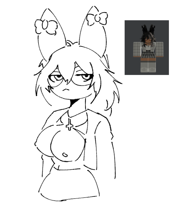 1girls black_and_white boobs_out breasts breasts_out bunny_ears bunny_girl clothed clothing cross_necklace digital_drawing_(artwork) ear exposed_breasts female female_only ghostbacon glasses long_hair necklace nipples original_character rabbit_ears rabbit_girl reference_image roblox roblox_avatar robloxian self_upload sketch skirt solo unamused