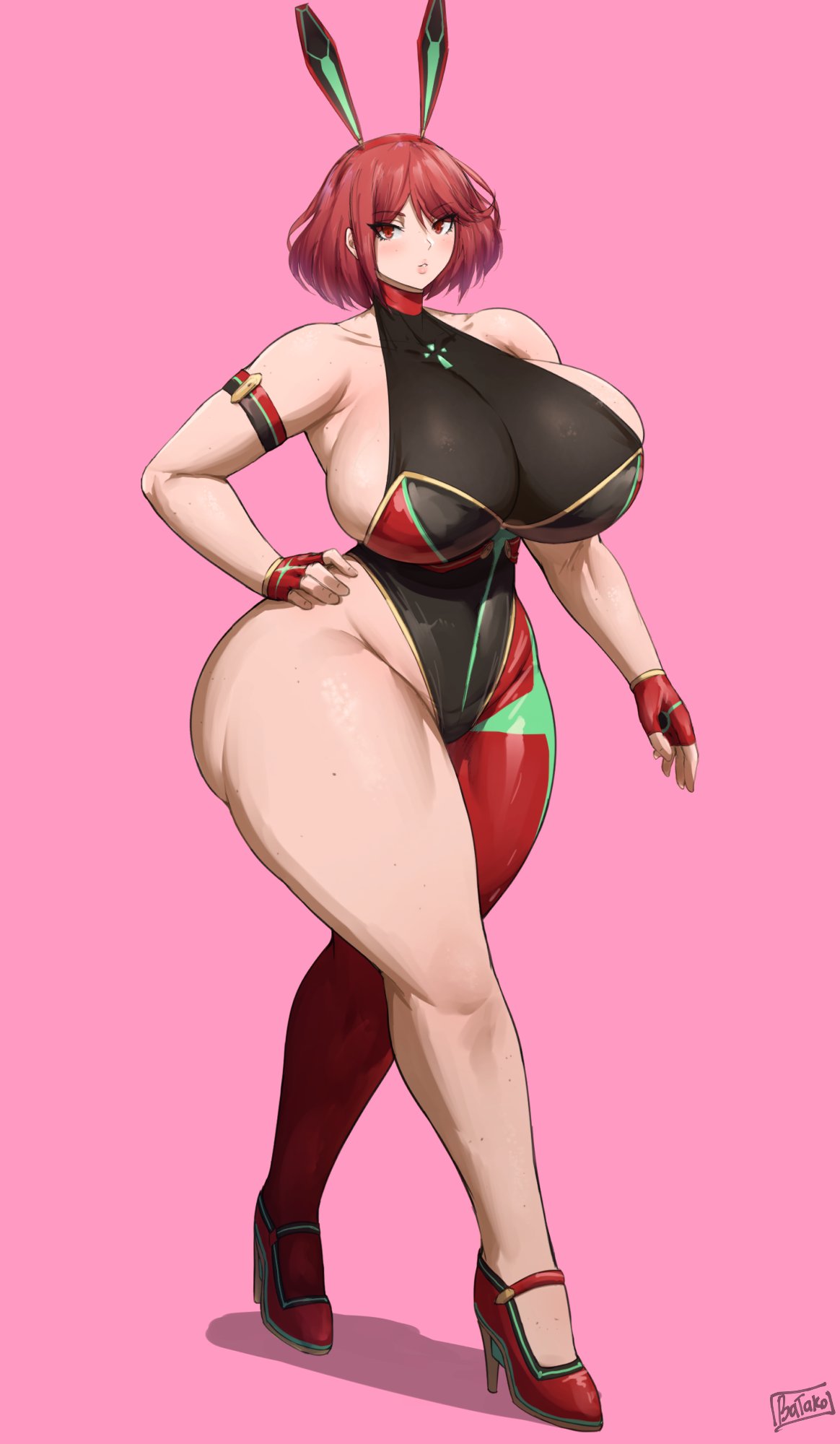 1girls, accessory, ass, bare arms, bare legs, bare thighs, batako, bodysuit, breasts, curvaceous, curvy, female, female focus, fingerless gloves, full body, gloves, heels, high heels, huge ass, huge breasts, massive ass, massive breasts, pink background, pyra, red eyes, red hair, short hair, sideboob, simple background, solo, thick thighs, thighs, voluptuous, watermark, xenoblade (series), xenoblade chronicles 2