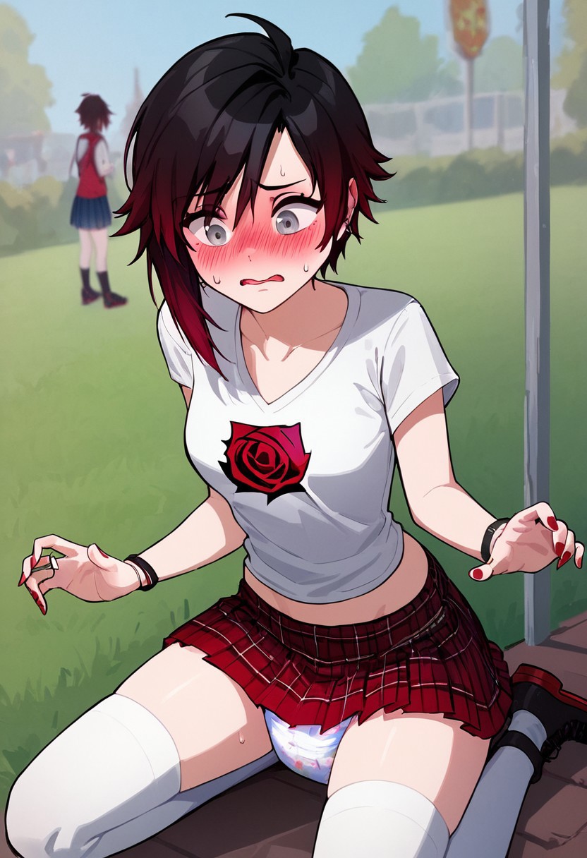 abdl ai_generated blush diaper diaper_fetish frightened midriff pleated_skirt public public_park rocksoreggie ruby_rose rwby scared spread_legs tagme upskirt