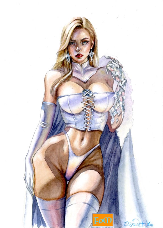 blonde_female blonde_hair blue_eyes breasts cleavage corset curvy elizabeth_yan emma_frost female female_only hellfire_club hourglass_figure large_breasts marvel marvel_comics milf panties thin_waist thong thong_panties white_queen wide_hips x-men