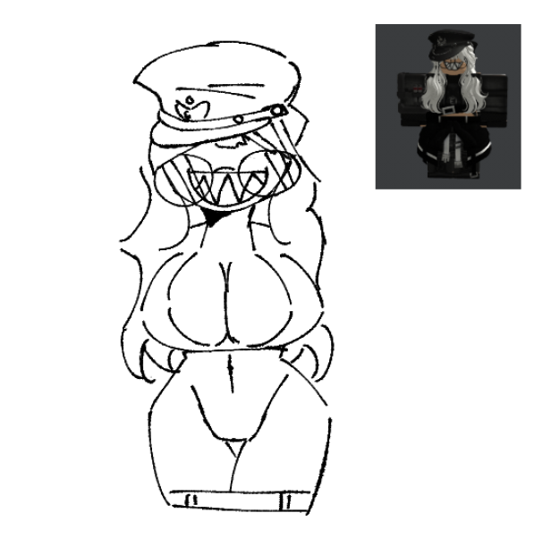 1girls big_breasts black_and_white breasts cleavage clothing digital_drawing_(artwork) exposed_breasts female female_only ghostbacon glasses hat long_hair mostly_nude navel original_character pants_down reference_image roblox roblox_avatar robloxian self_upload sharp_teeth sketch smile solo stomach thighs