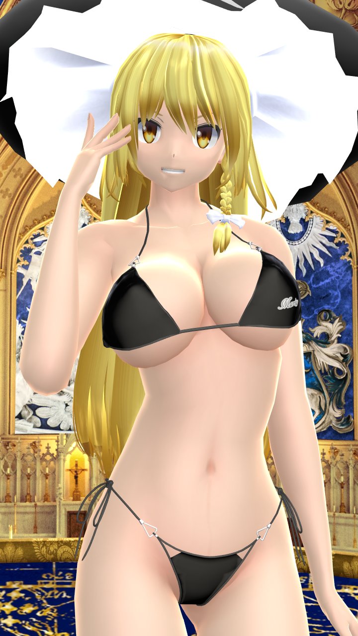 1girls 2024 3d belly_button bikini black_bikini blonde_hair_female gold_eyes hati_yukkuri_mmd indoors light-skinned_female long_hair_female looking_at_viewer marisa_kirisame mmd smiling_at_viewer solo_female solo_focus swimsuit touhou white_bowtie witch_hat