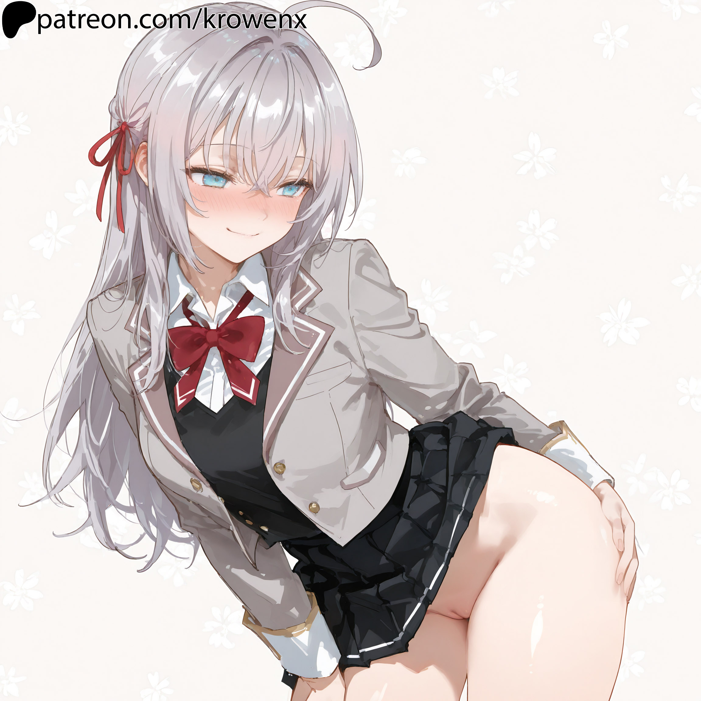 1girls, ahoge, ai generated, alisa mikhailovna kujou, blue eyes, blush, closed mouth, clothing, female, female focus, female only, front view, krowenx, long hair, no panties, pussy, ribbon, school uniform, silver hair, skirt, skirt up, smile, solo, solo female, solo focus, standing, thighs, tokidoki bosotto russian de dereru tonari no alya-san, uncensored