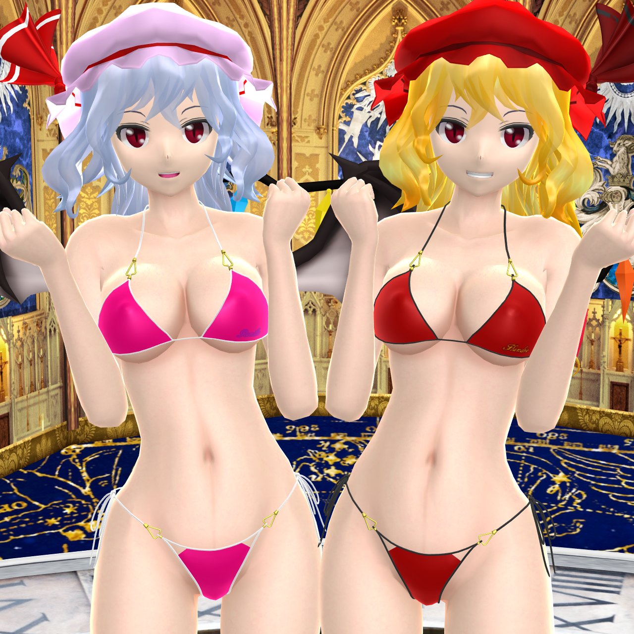 2024 2girls 3d_(artwork) arms_raised bikini blonde_hair blonde_hair_female crystal_wings duo_female embodiment_of_scarlet_devil flandre_scarlet hati_yukkuri_mmd indoors light-skinned_female light_blue_hair looking_at_viewer mansion mmd mob_cap pink_bikini red_bikini red_eyes red_ribbon remilia_scarlet siblings sisters smiling_at_viewer swimsuit touhou vampire_girl vampire_wings