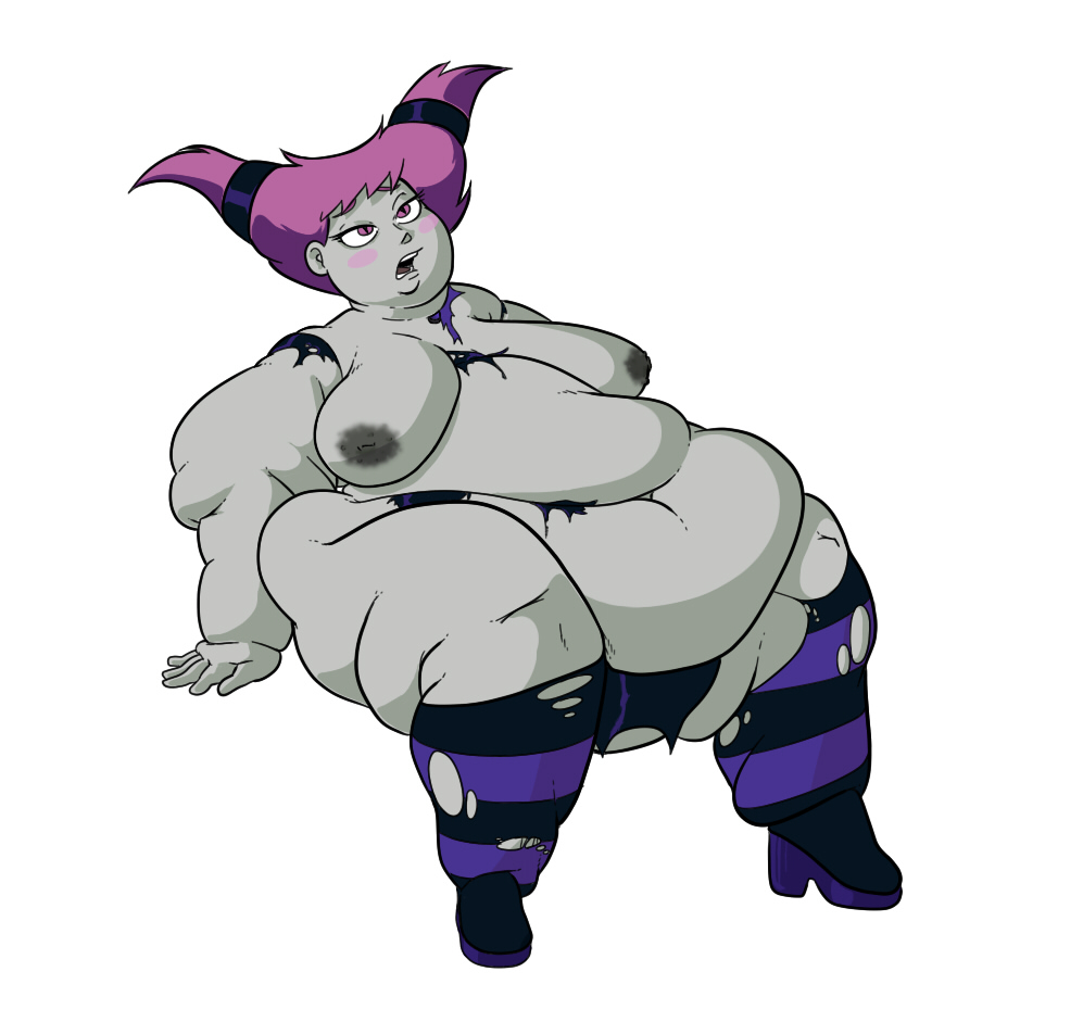 b-mage bbw belly big_belly breasts dc fat female grey_skin jinx_(dc) morbidly_obese nipples obese overweight purple_hair slob ssbbw teen_titans weight_gain