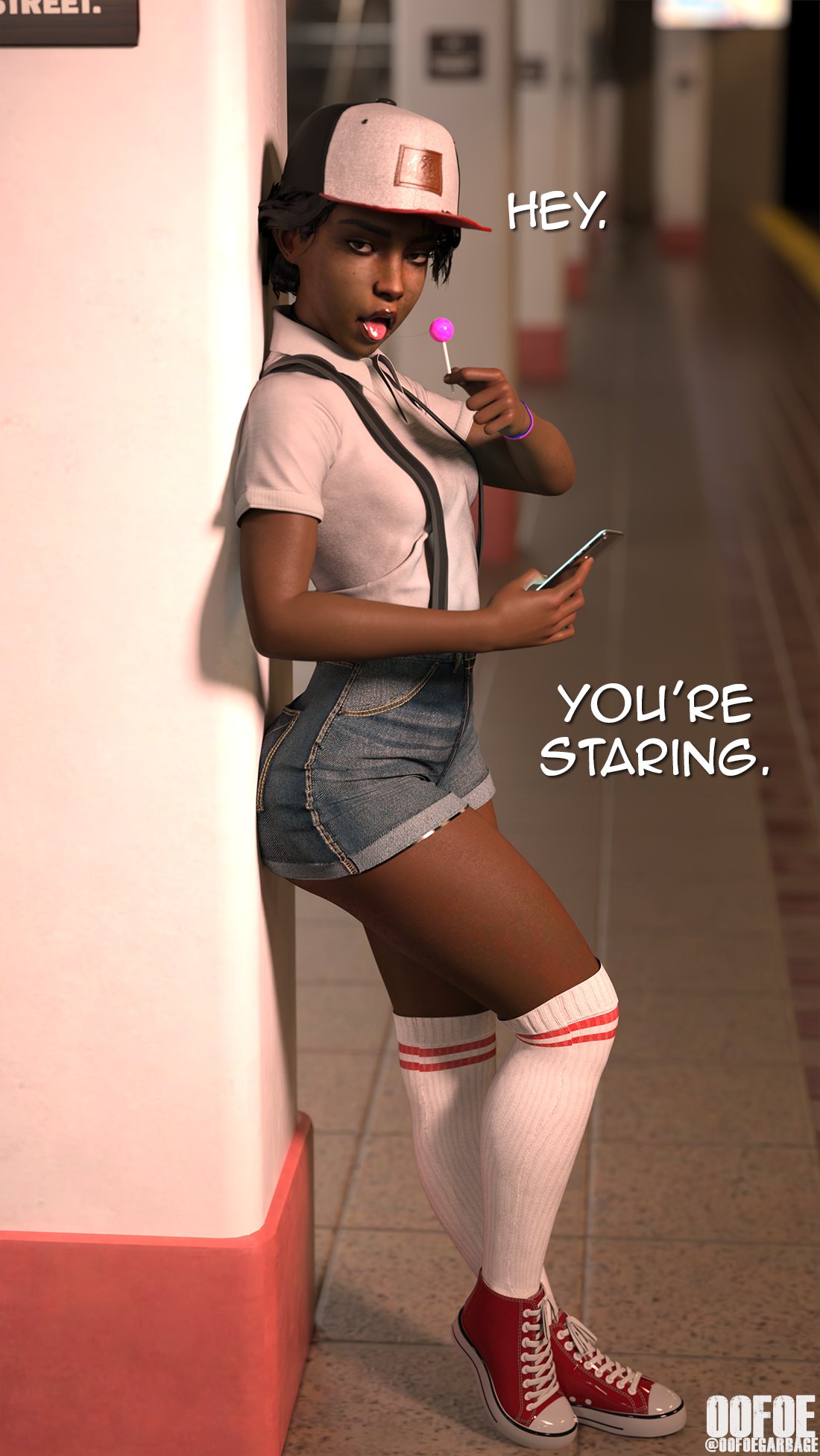 1girls 3d 3d_(artwork) alternate_costume baseball_cap black_hair cellphone clementine_(the_walking_dead) clothed clothed_female clothing dark-skinned_female english_dialogue english_text female female_focus female_only hat headwear kneehighs lolipop looking_at_viewer oofoe saliva saliva_string short_hair sneakers subway suspenders text the_walking_dead the_walking_dead_game thick_thighs thighs tongue tongue_out