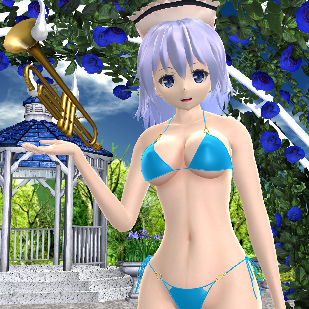 1girls 2024 3d_(artwork) bikini blue_bikini blue_flower forest ghost_girl hati_yukkuri_mmd light-skinned_female light_blue_eyes light_blue_hair looking_at_viewer merlin_prismriver midriff mmd musical_instrument outside perfect_cherry_blossom poltergeist solo_female solo_focus swimsuit touhou trumpet white_hat