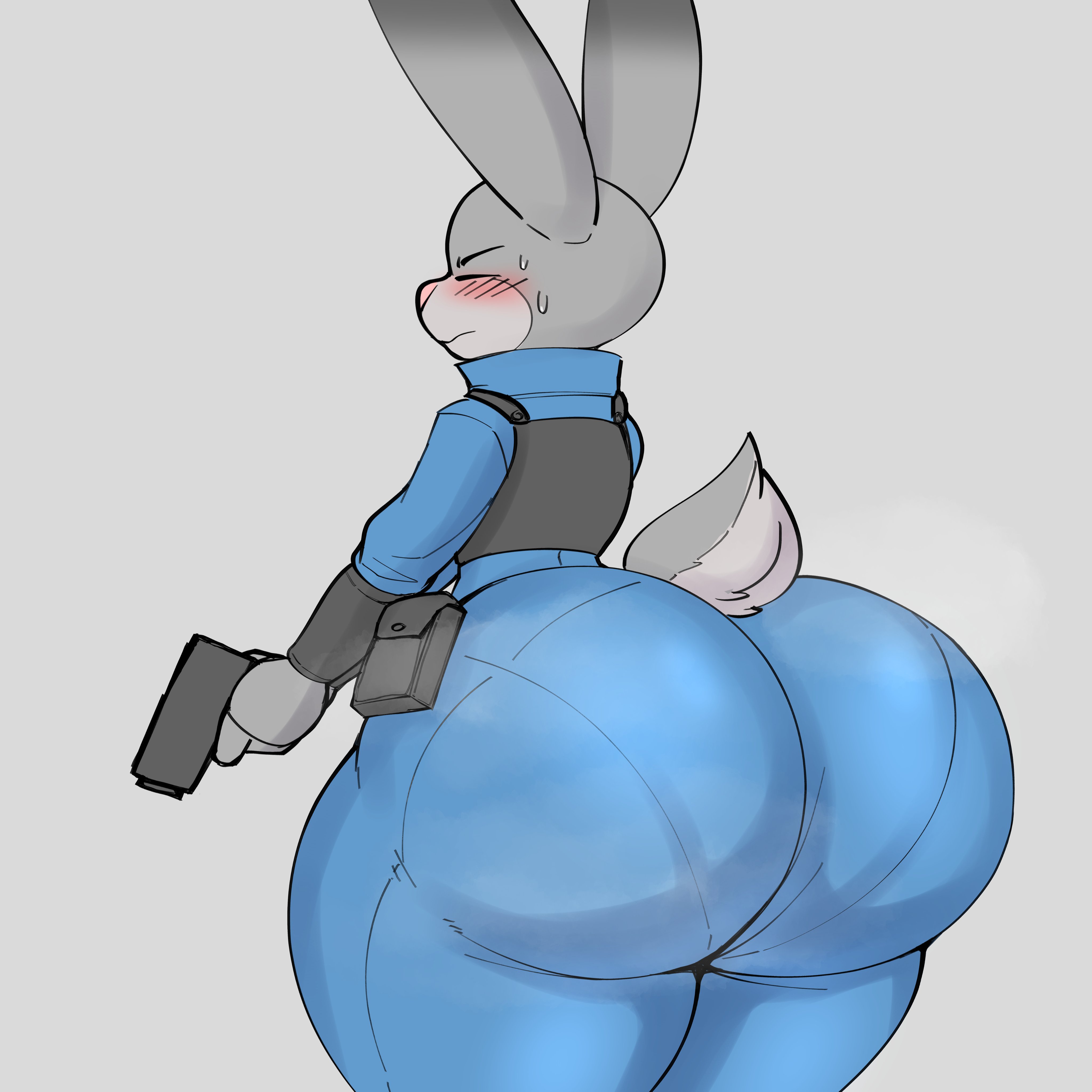 1girls, anthro, ass, big ass, big butt, blush, bunny ears, bunny tail, closed eyes, clothing, disney, female, furry, gun, huge ass, judy hopps, large ass, reddrago, solo, standing, sweat, thick thighs, thighs, thunder thighs, tight clothing, tight pants, wide hips, zootopia