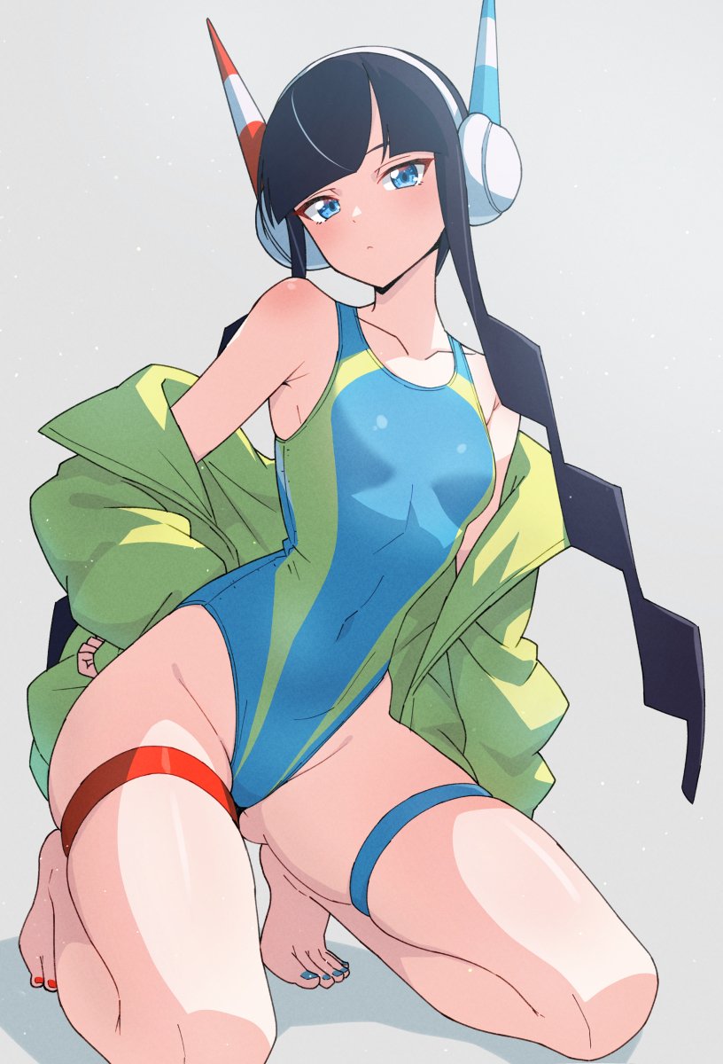 1girls barefoot black_hair blue_eyes blue_nails blue_one-piece_swimsuit breasts closed_mouth collarbone creatures_(company) elesa_(pokemon) female full_body game_freak groin hand_on_own_hip headphones highleg highleg_one-piece_swimsuit highres jacket kamidan nail_polish nintendo off_shoulder one-piece_swimsuit pokemon pokemon_bw2 red_nails skindentation small_breasts solo swimsuit thigh_strap thighs tiptoes toenail_polish toenails yellow_jacket