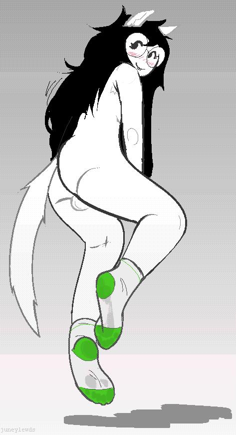 aliasing backsack balls blush dithering dog_ears dog_tail foot_focus foot_imprint futanari glasses gradient_background homestuck jade_harley juneylewds long_hair socks socks_only solo