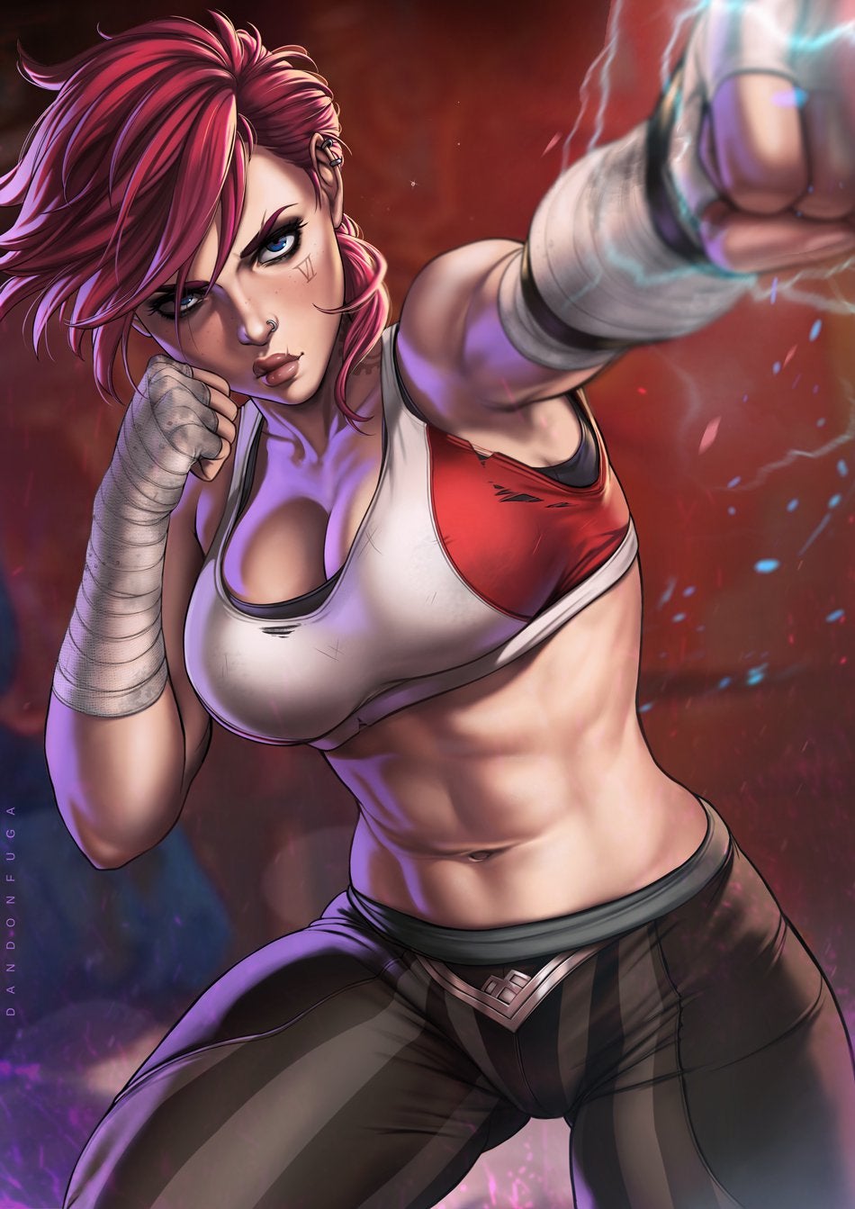 arcane vi, blue eyes, clothes, dandon fuga, earrings, female, league of legends, muscular, muscular female, pink hair, tattoo, vi