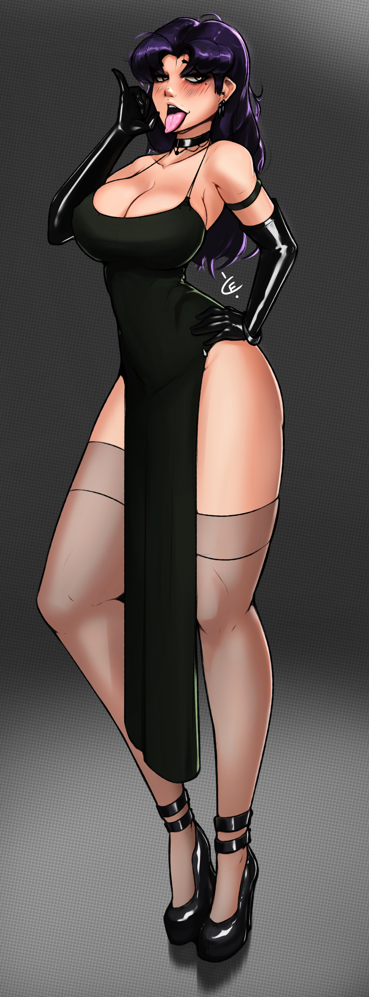 1girls, blowjob gesture, blush, breasts, choker, clothing, cursedequinox, dress, earrings, fellatio gesture, female, goth, hand on hip, high heels, hip cleavage, horny, inviting to suck, large breasts, long gloves, misato katsuragi, mole, mole under eye, neon genesis evangelion, pelvic curtain, purple hair, seductive, small waist, solo, stockings, thighs, tongue, tongue out, voluptuous, yellow eyes