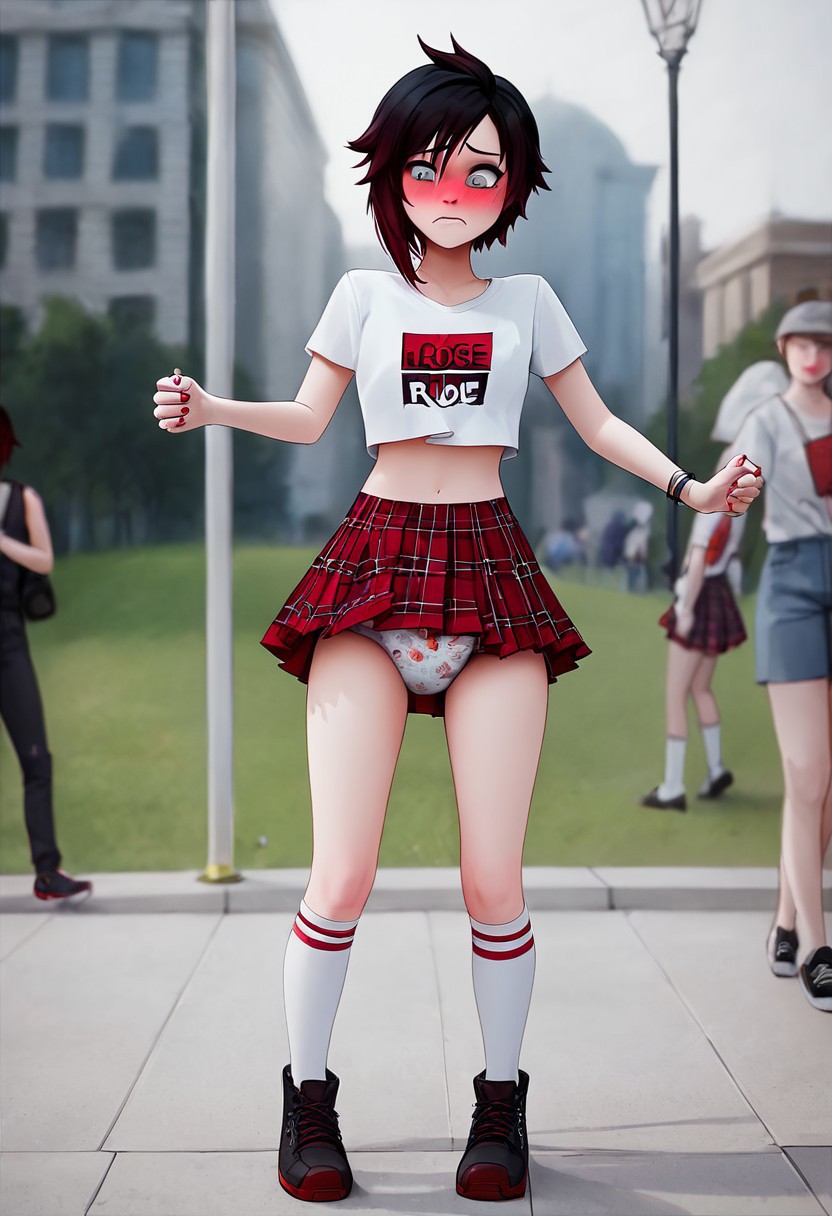 abdl ai_generated blush diaper diaper_fetish frightened midriff pleated_skirt public public_park rocksoreggie ruby_rose rwby scared tagme upskirt