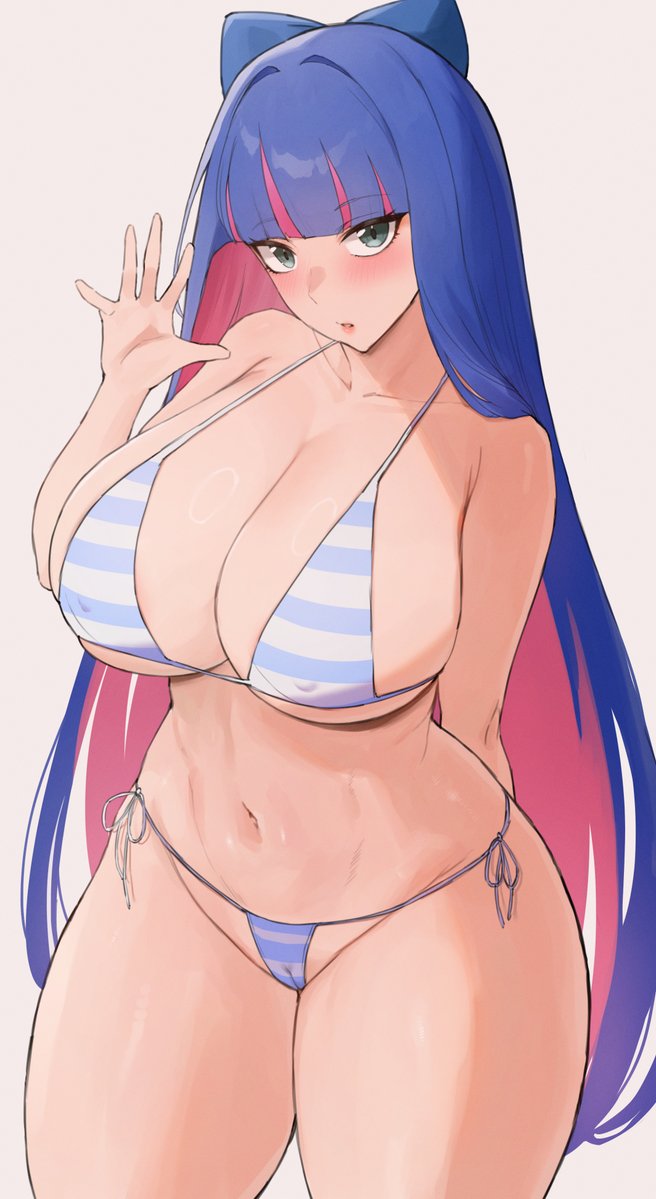 1girls, big breasts, bikini, breasts, female, female only, kataku musou, large breasts, light skin, light-skinned female, looking at viewer, panty & stocking with garterbelt, simple background, solo, stocking anarchy, swimsuit, thick thighs, thighs, wide hips