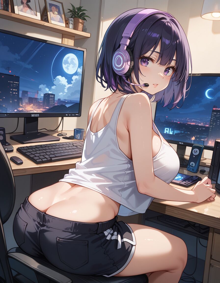 1girls ai_generated ass_cleavage computer_screen crop_top headphones historyia looking_at_viewer original original_character short_hair shorts sitting tank_top witch_gem_disaster