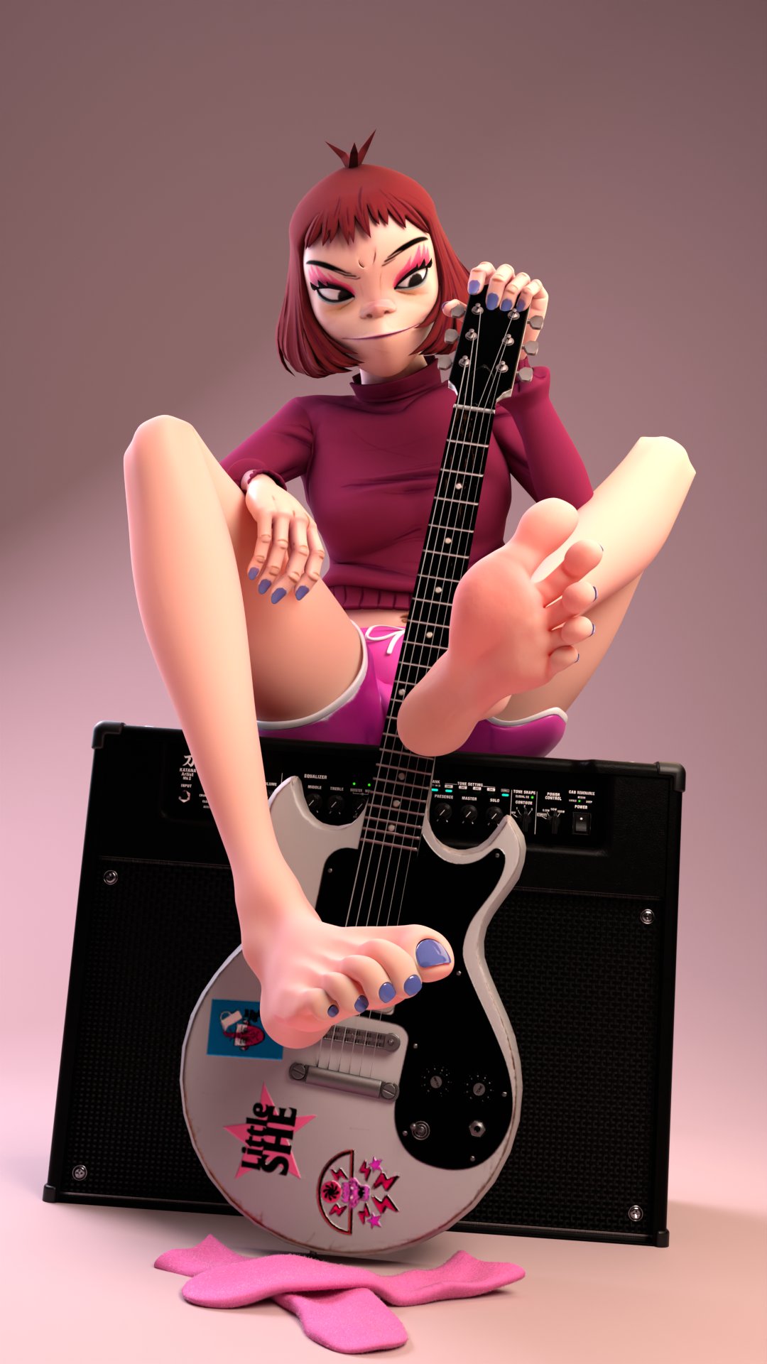 1girls archived_source asian_female boots_removed doopysart_(artist) feet female female_only foot_fetish gorillaz guitar hi_res noodle_(cracker_island) noodle_(gorillaz) pink_shorts red_hair rockstar short_hair shorts sitting smell socks socks_removed solo solo_female sweater tagme