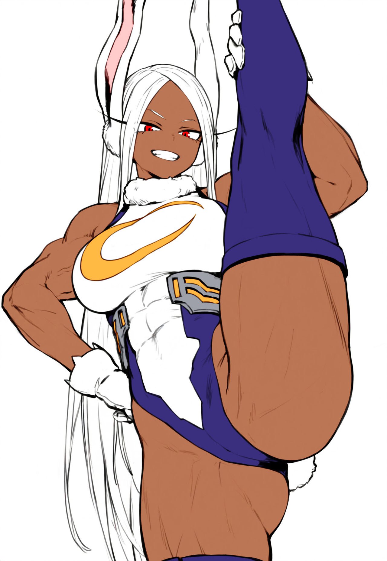 bunny_girl bunnysuit dark-skinned_female flexible mirkosimps miruko muscular muscular_female my_hero_academia parallaxfused raised_leg rumi_usagiyama smiling_at_viewer vertical_splits