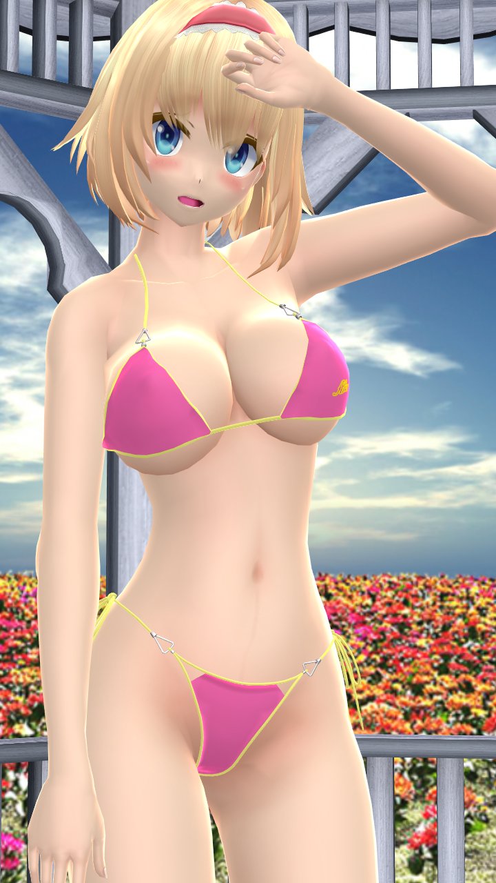 1girls 2024 3d alice_margatroid bikini blonde_hair_female blue_eyes blush clouds flower_field hati_yukkuri_mmd headband human light-skinned_female mmd outside perfect_cherry_blossom pink_bikini sky solo_female solo_focus swimsuit touhou yellow_string_bikini