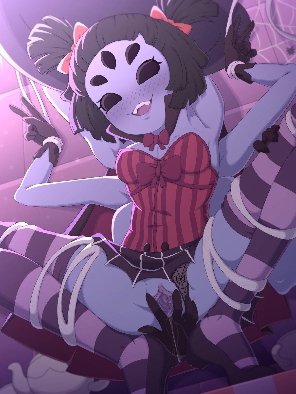 5_eyes blush bodily_fluids bondage clothed clothing female hands_tied monster_girl muffet pussy pussy_juice rockset solo solo_female spider_girl spider_web spread_legs spread_pussy spreading undertale undertale_(series) v_sign