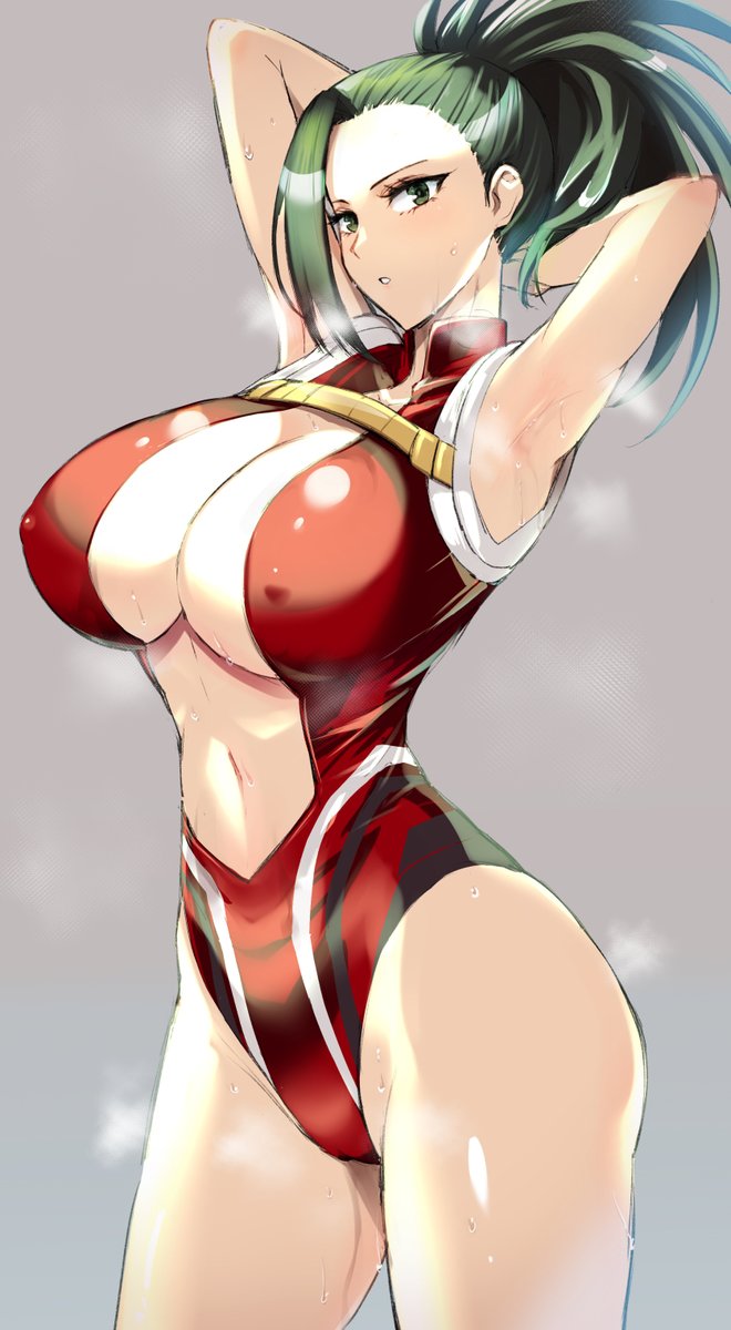 1girls arms_up ass big_ass big_breasts black_hair blush breasts closed_mouth female female_focus female_only hand_on_hip hero_outfit_(mha) kumakichi_(cost-lost) leotard long_hair looking_at_viewer momo_yaoyorozu my_hero_academia navel nipple_bulge ponytail red_leotard simple_background solo solo_female solo_focus sweat thick_thighs